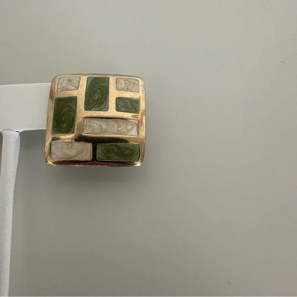 Vintage Italian Cloissoné Mosaic Square Clip-on Earrings in Gold, Green, Ivory